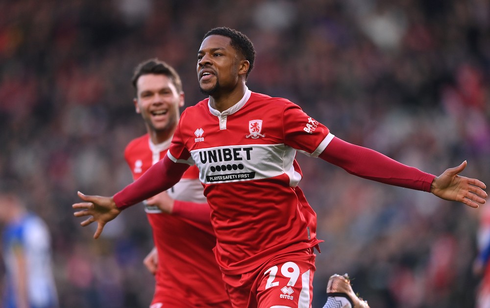 MIDDLESBROUGH, ENGLAND: Middlesbrough striker Chuba Akpom celebrates his goal during the Emirates FA Cup Third Round match between Middlesbrough an...