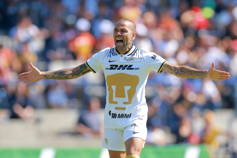 MEXICO CITY, MEXICO - JANUARY 08: Dani Alves of Pumas UNAM reacts during the 1st round match between Pumas UNAM and FC Juarez as part of the Torneo...