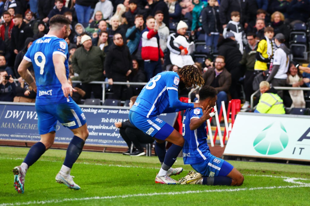 SWANSEA, WALES: Auston Trusty of Birmingham celebrates with team-mates after scoring their fourth goal during the Sky Bet Championship between Swansea City and Birmingham City at Liberty Stadium on February 04, 2023. (Photo by Dan Istitene/Getty Images)