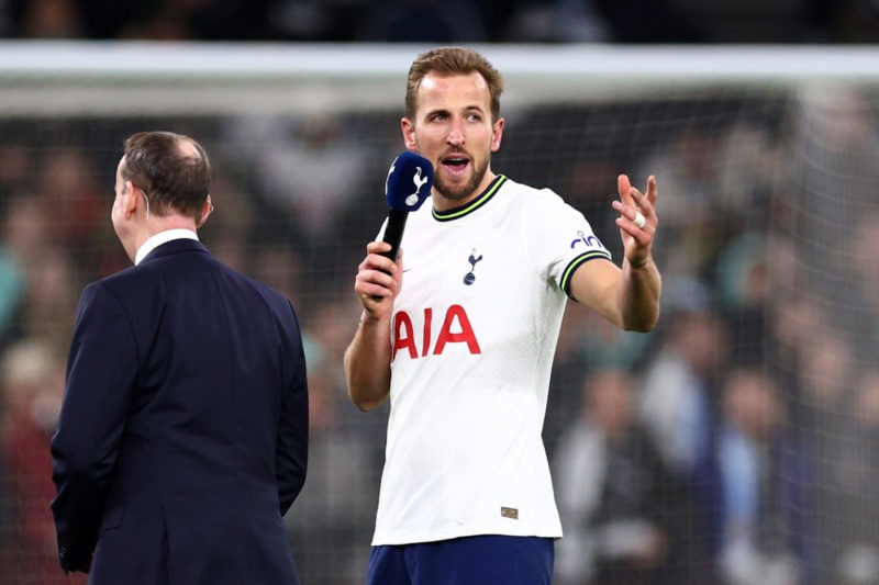 LONDON, ENGLAND - FEBRUARY 05: Harry Kane of Tottenham Hotspur is interviewed after scoring the winning goal in their sides victory over Manchester City. Kane scored his 267th goal and overtakes the late Jimmy Greaves to become the Spurs’ all-time leading scorer during the Premier League match between Tottenham Hotspur and Manchester City at Tottenham Hotspur Stadium on February 05, 2023 in London, England. (Photo by Clive Rose/Getty Images)