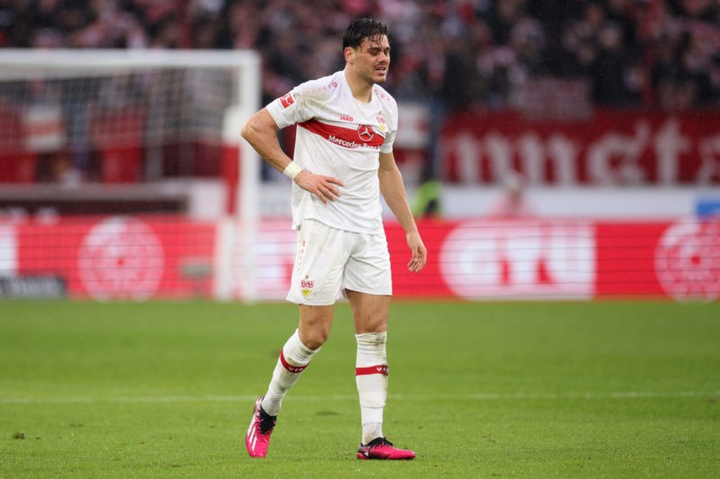 STUTTGART, GERMANY - FEBRUARY 05: Konstantinos Mavropanos of VfB Stuttgart reacts during the Bundesliga match between VfB Stuttgart and SV Werder B...