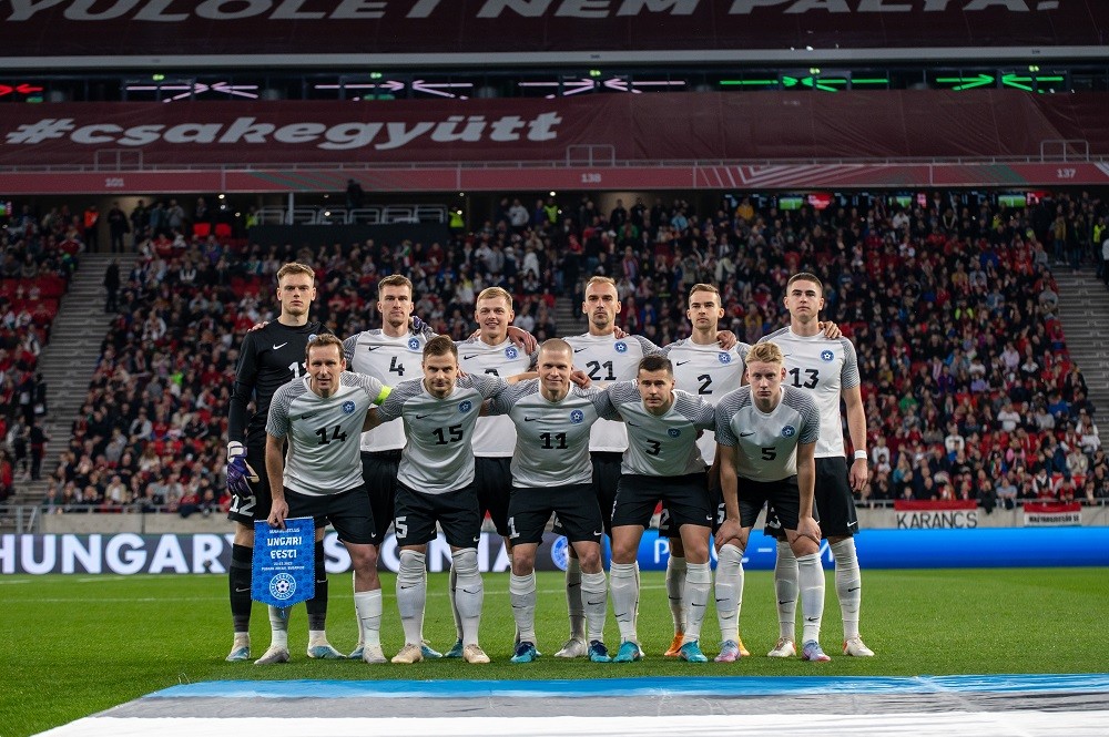 Arsenal goalkeeper saves penalty after Rock Paper Scissors 2 Karl Hein (top left) lines up with the Estonia national team before their friendly against Hungary on March 24th, 2023 (Photo via Jalpall.ee)