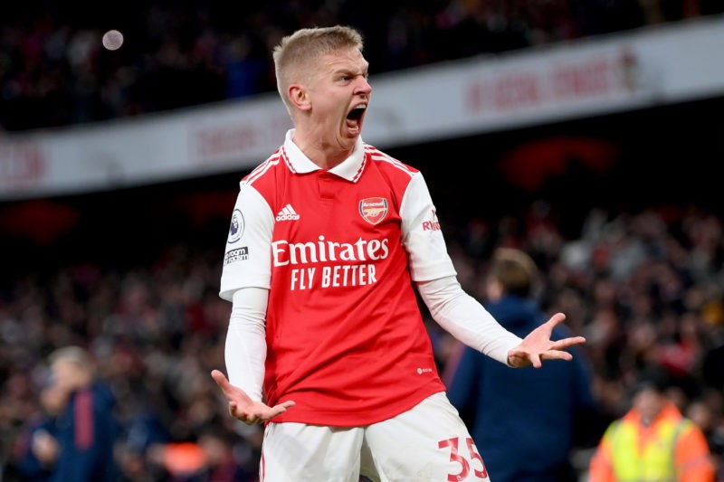 LONDON, ENGLAND - MARCH 04: Oleksandr Zinchenko of Arsenal celebrates the team's third goal, scored by teammate Reiss Nelson (not pictured) during ...