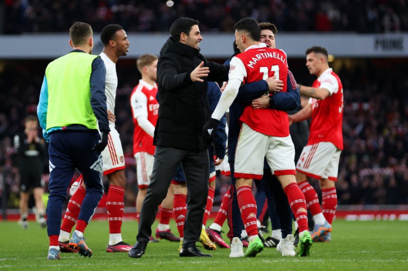 LONDON, ENGLAND - MARCH 04: Mikel Arteta, Manager of Arsenal, celebrates victory with their player Gabriel Martinelli following the Premier League ...