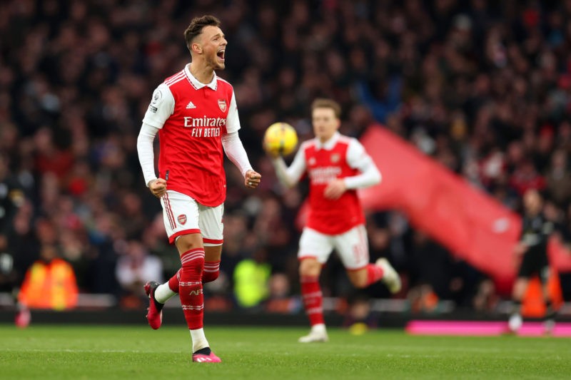 LONDON, ENGLAND - MARCH 04: Ben White of Arsenal celebrates after scoring the team's second goal during the Premier League match between Arsenal FC...