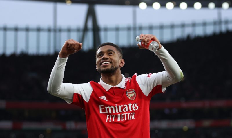 LONDON, ENGLAND - MARCH 04: Reiss Nelson of Arsenal celebrates at full time after scoring the winning goal during the Premier League match between ...