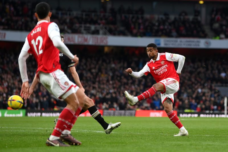 LONDON, ENGLAND - MARCH 04: Reiss Nelson of Arsenal scores the team's third goal during the Premier League match between Arsenal FC and AFC Bournem...