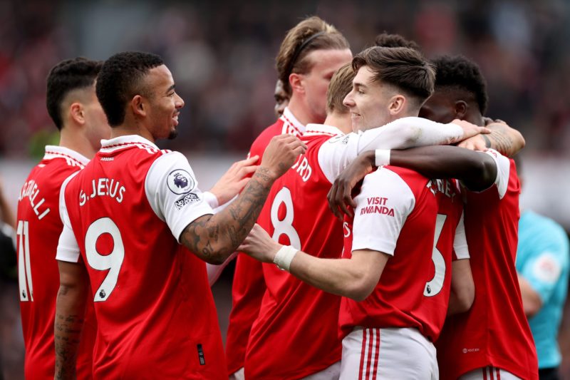 Gabriel Jesus encourages Arsenal teammates to relish title race 2 LONDON, ENGLAND - MARCH 19: Bukayo Saka of Arsenal (Obscured) celebrates after scoring the team's fourth goal with teammates during the Premier League match between Arsenal FC and Crystal Palace at Emirates Stadium on March 19, 2023 in London, England. (Photo by Ryan Pierse/Getty Images)
