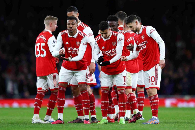 Arsenal vs Everton: Martinelli scores 2 as Gunners move 5 points with record 100th win 2 LONDON, ENGLAND - MARCH 01: Gabriel Martinelli of Arsenal celebrates with teammates after scoring the team's second goal following the VAR check during the Premier League match between Arsenal FC and Everton FC at Emirates Stadium on March 01, 2023 in London, England. (Photo by Clive Rose/Getty Images)