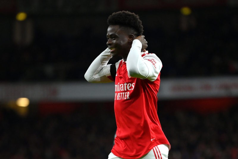 LONDON, ENGLAND - DECEMBER 26: Bukayo Saka of Arsenal reacts after their goal is ruled offside during the Premier League match between Arsenal FC a...