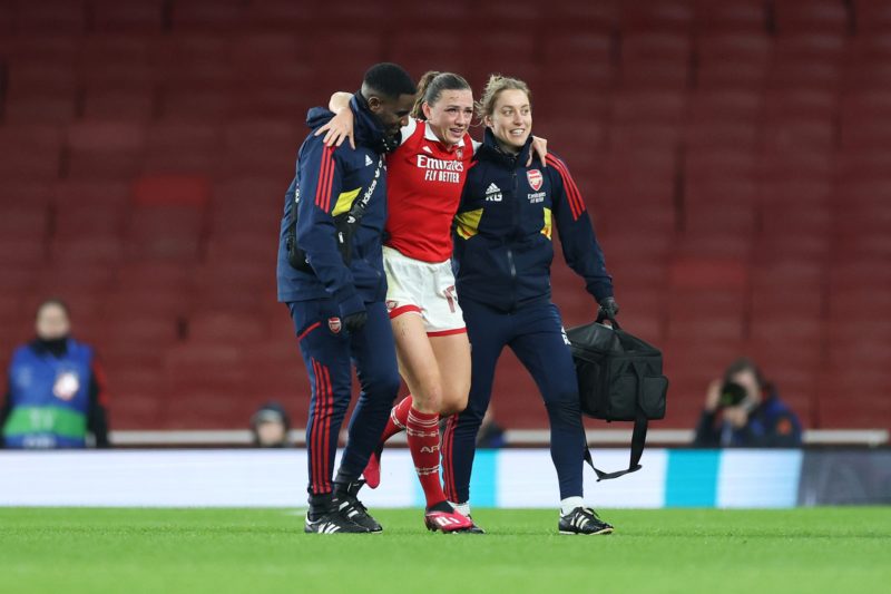 Katie McCabe in boot on crutches after Bayern Munich win 2 LONDON, ENGLAND - MARCH 29: Katie McCabe of Arsenal is substituted after an injury during the UEFA Women's Champions League quarter-final 2nd leg match between Arsenal and FC Bayern München at Emirates Stadium on March 29, 2023 in London, England. (Photo by Catherine Ivill/Getty Images)