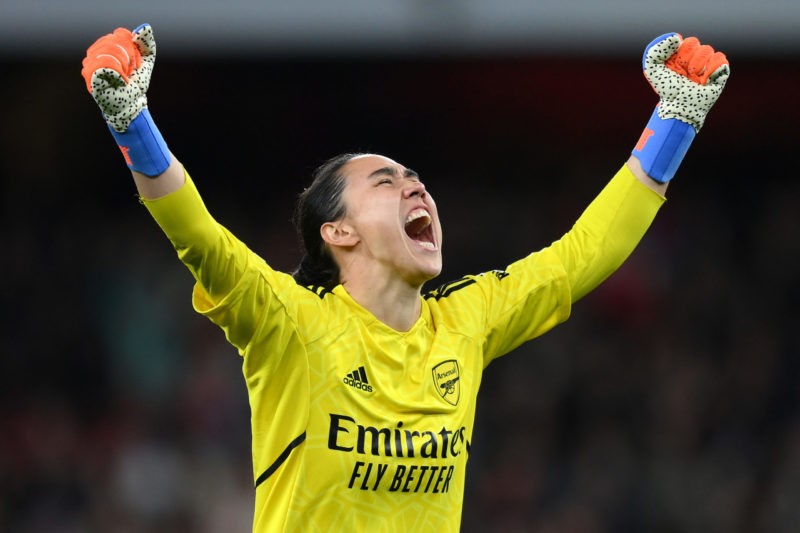 LONDON, ENGLAND - MARCH 29: Manuela Zinsberger of Arsenal celebrates following the UEFA Women's Champions League quarter-final 2nd leg match betwee...