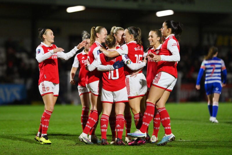 Kim Little of Arsenal celebrates after scoring the team's first goal during the FA Women's Super League match between Arsenal and Reading at Meadow...