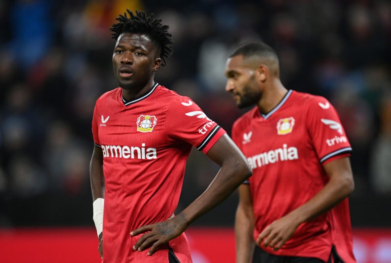 LEVERKUSEN, GERMANY - FEBRUARY 16: Edmond Tapsoba of Bayer 04 Leverkusen reacts during the UEFA Europa League knockout round play-off leg one match...