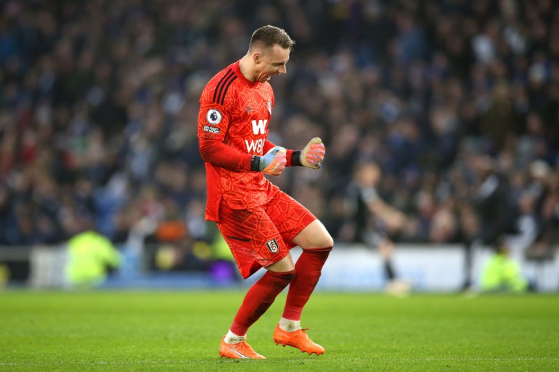 BRIGHTON, ENGLAND - FEBRUARY 18: Bernd Leno of Fulham celebrates after teammate Manor Solomon (not pictured) scores the team's first goal during th...