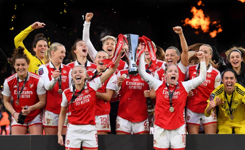 LONDON, ENGLAND - MARCH 05: Kim Little and Leah Williamson of Arsenal lift the FA Women's Continental Tyres League Cup trophy following the FA Women's Continental Tyres League Cup Final match between Chelsea and Arsenal at Selhurst Park on March 05, 2023 in London, England. (Photo by Alex Davidson/Getty Images)