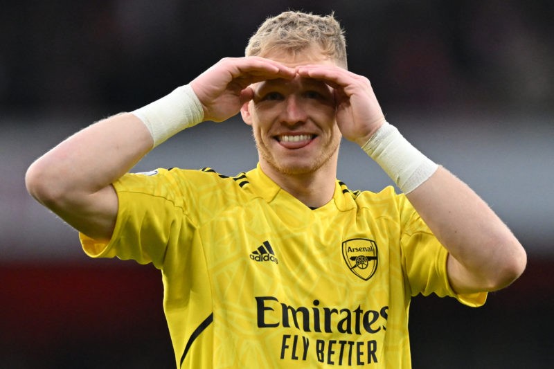 Arsenal's English goalkeeper Aaron Ramsdale celebrates at the end of the English Premier League football match between Arsenal and Bournemouth at t...