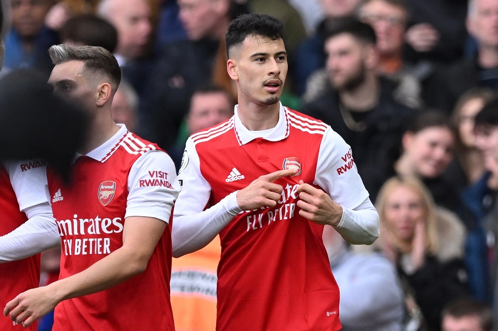 Arsenal's Brazilian midfielder Gabriel Martinelli celebrates after scoring the opening goal of the English Premier League football match between Arsenal and Crystal Palace at the Emirates Stadium in London on March 19, 2023. (Photo by JUSTIN TALLIS/AFP via Getty Images)