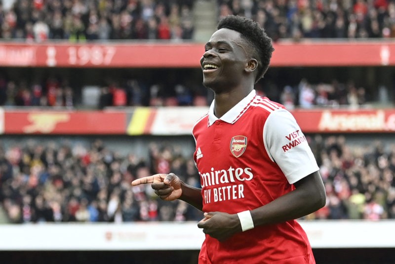 Bukayo Saka of Arsenal celebrates his successful goal during the Arsenal vs. Crystal Palace English Premier League match at the Emirates Stadium, L...