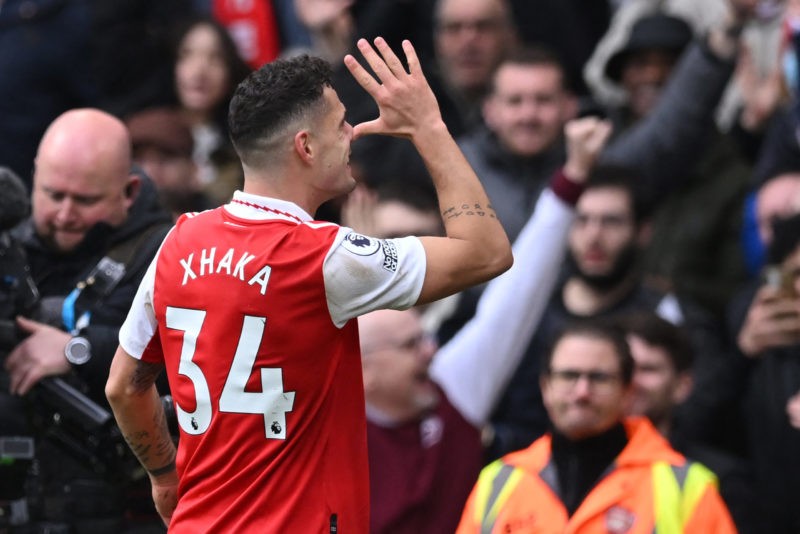 Arsenal's Swiss midfielder Granit Xhaka celebrates after scoring their third goal during the English Premier League football match between Arsenal ...