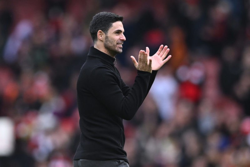 Arsenal's Spanish manager Mikel Arteta applauds fans on the pitch after the English Premier League football match between Arsenal and Crystal Palace at the Emirates Stadium in London on March 19, 2023. - Arsenal won the game 4-1. (Photo by JUSTIN TALLIS/AFP via Getty Images)