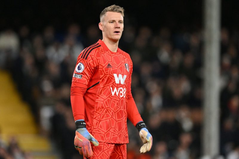 Fulham's German goalkeeper Bernd Leno looks on during the English Premier League football match between Fulham and Wolverhampton Wanderers at Crave...