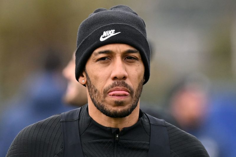 Chelsea's Gabonese striker Pierre-Emerick Aubameyang attends a team training session at Chelsea's Cobham training facility in Stoke D'Abernon, sout...