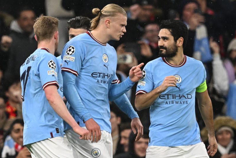 Ilkay Gundogan ends Arsenal interest by signing for Barcelona 3 Manchester City's German midfielder Ilkay Gundogan (R) celebrates scoring the team's fourth goal with Manchester City's Norwegian striker Erling Haaland (C) during the UEFA Champions League round of 16 second-leg football match between Manchester City and RB Leipzig at the Etihad Stadium in Manchester, north west England, on March 14, 2023. (Photo by PAUL ELLIS/AFP via Getty Images)
