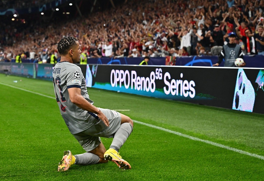 Arsenal register interest in 22yo who scored against Chelsea 3 Salzburg's Swiss midfielder Noah Okafor celebrates scoring his 1-0 during the UEFA Champions League Group E football match FC Salzburg v AC Milan on September 6, 2022, in Salzburg, Austria. (Photo by JOE KLAMAR/AFP via Getty Images)