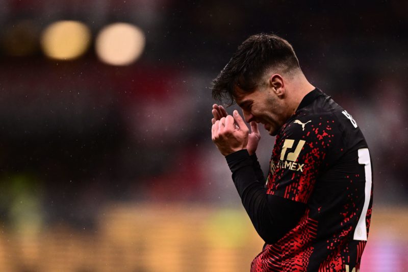 AC Milan's Spanish midfielder Brahim Diaz celebrates during a Serie A match against Atalanta on February 26, 2023 at the San Siro stadium in Milan....