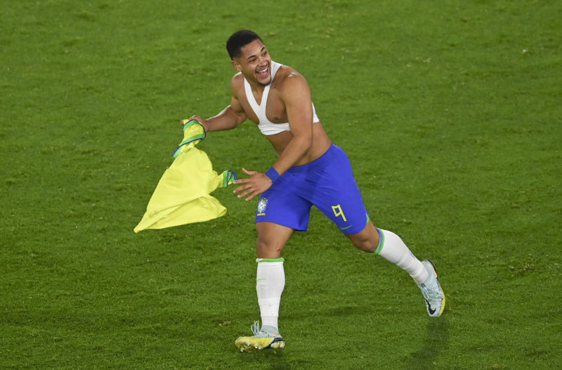 Brazil's player Vitor Roque celebrates after winning the South American U-20 football championship after defeating Uruguay 2-0 in their final round match, at El Campin stadium in Bogota, on February 12, 2023. (Photo by Juan BARRETO / AFP) (Photo by JUAN BARRETO/AFP via Getty Images)