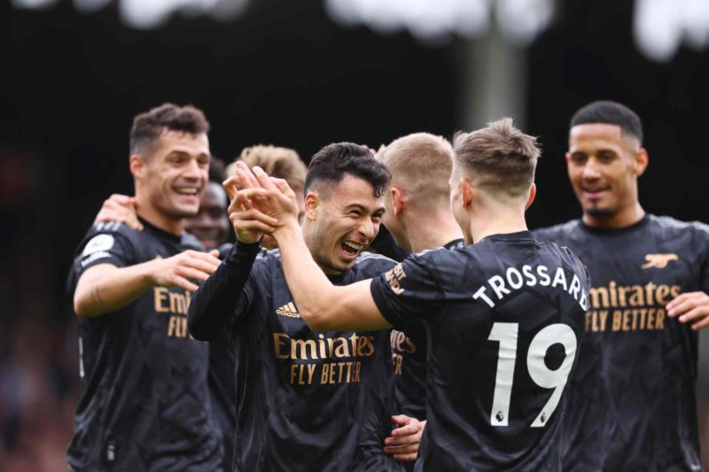 LONDON, ENGLAND - MARCH 12: Gabriel Martinelli of Arsenal celebrates after scoring the team's second goal with teammate Leandro Trossard during the...