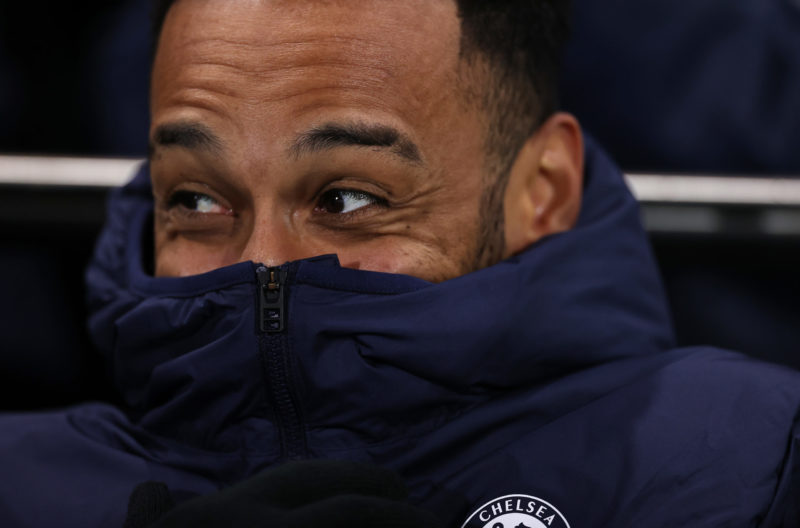 LONDON, ENGLAND - JANUARY 12: Pierre-Emerick Aubameyang of Chelsea looks on from the bench during the Premier League match between Fulham FC and Ch...