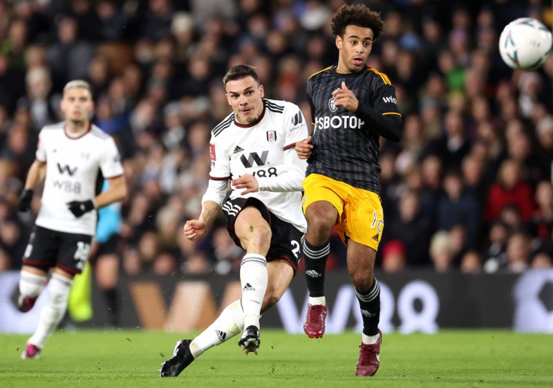 LONDON, ENGLAND - FEBRUARY 28: Joao Palhinha of Fulham scores the team's first goal during the Emirates FA Cup Fifth round match between Fulham and...