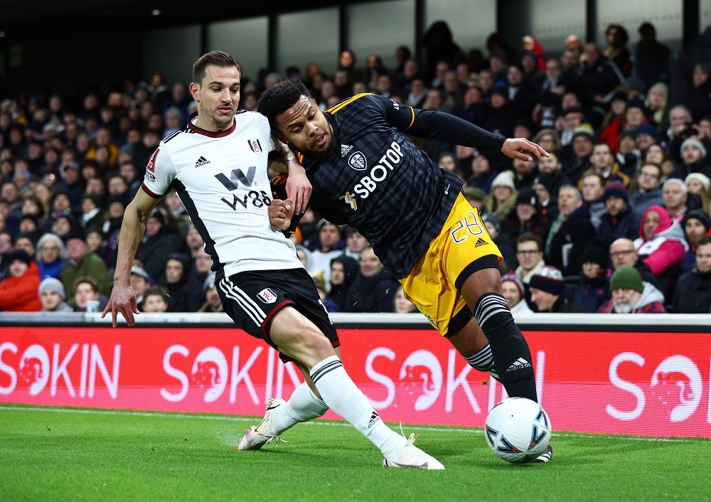 LONDON, ENGLAND: Weston McKennie of Leeds United is challenged by Cedric Soares of Leeds United during the Emirates FA Cup Fifth Round match betwee...
