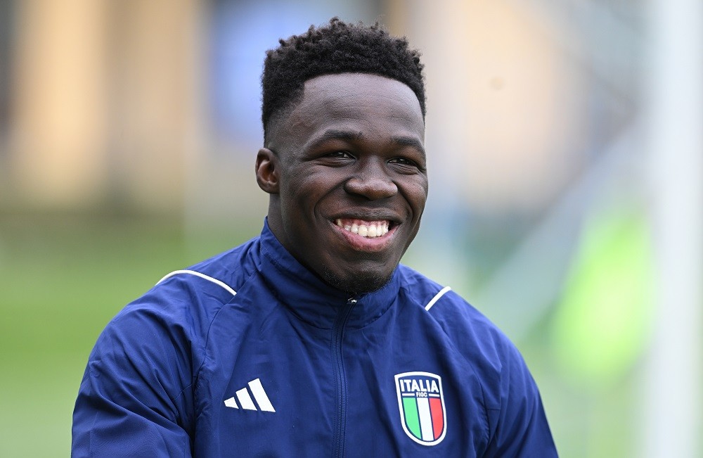 FLORENCE, ITALY: Wilfried Gnonto of Italy arrives on the pitch during an Italy training session at Centro Tecnico Federale di Coverciano on March 2...