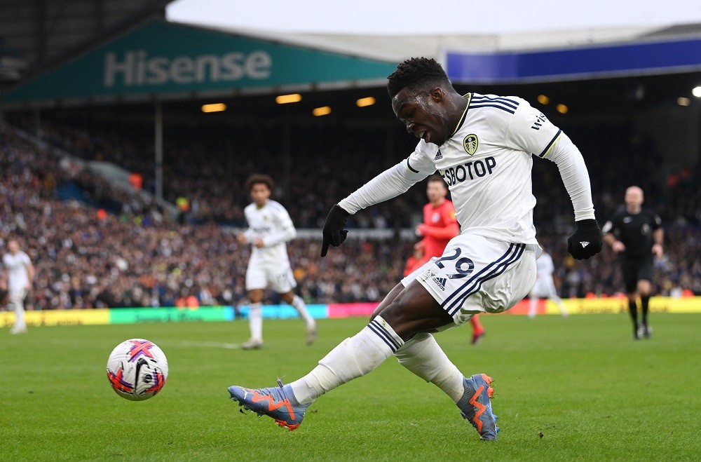 LEEDS, ENGLAND: Leeds player Wilfried Gnonto shoots at goal during the Premier League match between Leeds United and Brighton & Hove Albion at Ella...