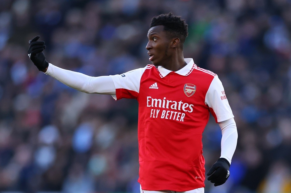 LEICESTER, ENGLAND: Eddie Nketiah of Arsenal during the Premier League match between Leicester City and Arsenal FC at The King Power Stadium on February 25, 2023. (Photo by Marc Atkins/Getty Images)