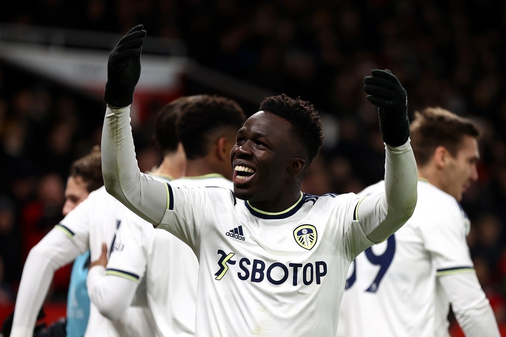 MANCHESTER, ENGLAND: Wilfried Gnonto of Leeds United celebrates after Raphael Varane of Manchester United (not pictured) concedes an own goal, the ...
