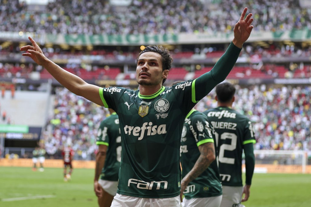 Arsenal contact Brazil 27yo's camp over potential move 2 BRASILIA, BRAZIL: Raphael Veiga of Palmeiras celebrates after scoring the first goal of his team during a final match between Palmeiras and Flamengo as part of Supercopa do Brasil 2023 at Mane Garrincha Stadium on January 28, 2023. (Photo by Buda Mendes/Getty Images)