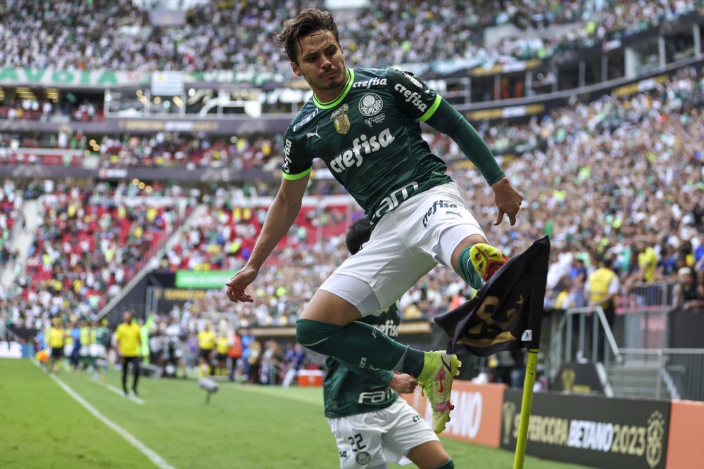 BRASILIA, BRAZIL: Raphael Veiga of Palmeiras celebrates after scoring the first goal of his team during a final match between Palmeiras and Flameng...