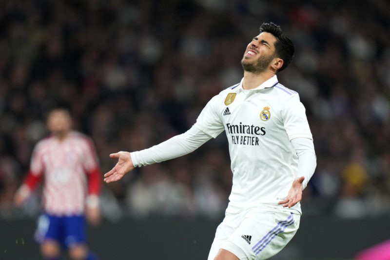 MADRID, SPAIN - FEBRUARY 25: Marco Asensio of Real Madrid reacts during the LaLiga Santander match between Real Madrid CF and Atletico de Madrid at...