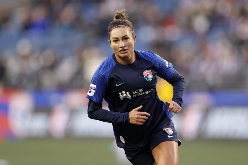 SEATTLE, WASHINGTON - APRIL 14: Jodie Taylor #9 of San Diego Wave FC in action against the OL Reign during the first half at Lumen Field on April 1...