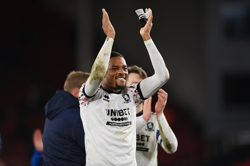 SHEFFIELD, ENGLAND: Chuba Akpom of Middlebrough celebrates after the Sky Bet Championship between Sheffield United and Middlesbrough at Bramall Lan...