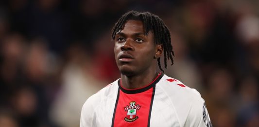 SOUTHAMPTON, ENGLAND: Romeo Lavia of Southampton looks on during the Emirates FA Cup Fifth Round match between Southampton and Grimsby Town at St Mary's Stadium on March 01, 2023. (Photo by Warren Little/Getty Images)