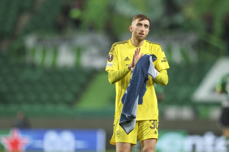 LISBON, PORTUGAL - MARCH 09: Matt Turner of Arsenal FC thanks the supporters in the stands after the UEFA Europa League round of 16 leg one match b...