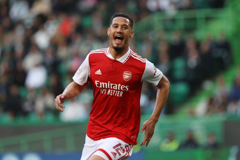 LISBON, PORTUGAL - MARCH 09: William Saliba of Arsenal celebrates after scoring the team's first goal during the UEFA Europa League round of 16 leg...