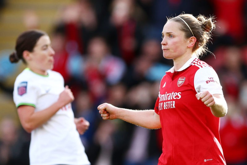 LONDON, ENGLAND - MARCH 25: Kim Little of Arsenal celebrates after scoring the team's third goal during the FA Women's Super League match between Tottenham Hotspur and Arsenal at Brisbane Road on March 25, 2023 in London, England. (Photo by Clive Rose/Getty Images)