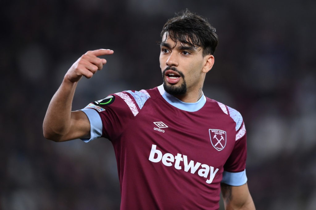 West Ham could have 2 new injury absentees against Arsenal 4 LONDON, ENGLAND - MARCH 16: Lucas Paqueta of West Ham United reacts during the UEFA Europa Conference League round of 16 leg two match between West Ham United and AEK Larnaca at London Stadium on March 16, 2023 in London, England. (Photo by Justin Setterfield/Getty Images)