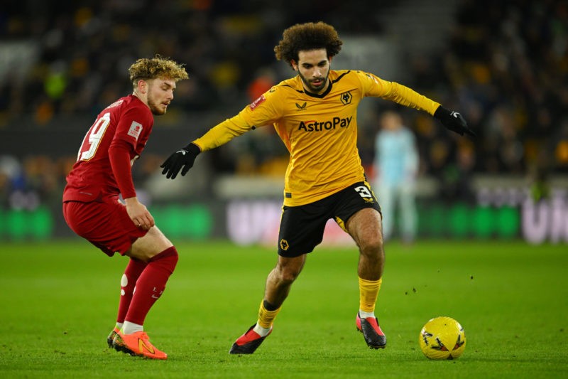 WOLVERHAMPTON, ENGLAND - JANUARY 17: Rayan Ait-Nouri of Wolverhampton Wanderers Harvey Elliott of Liverpool during the Emirates FA Cup Third Round ...